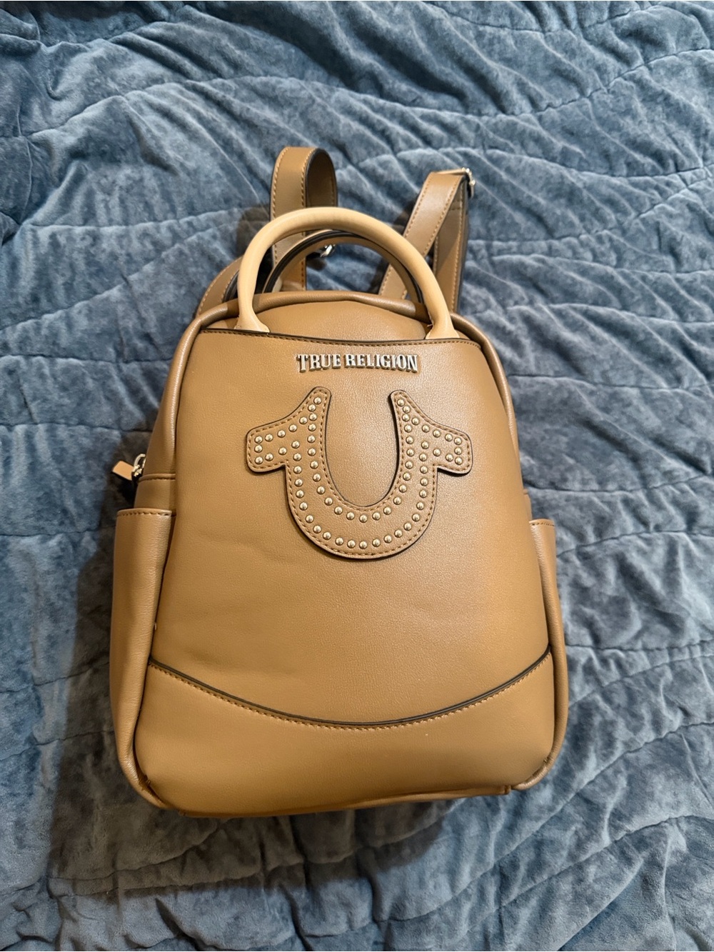 True Religion Camel Leather Mini Backpack with Studded Horseshoe